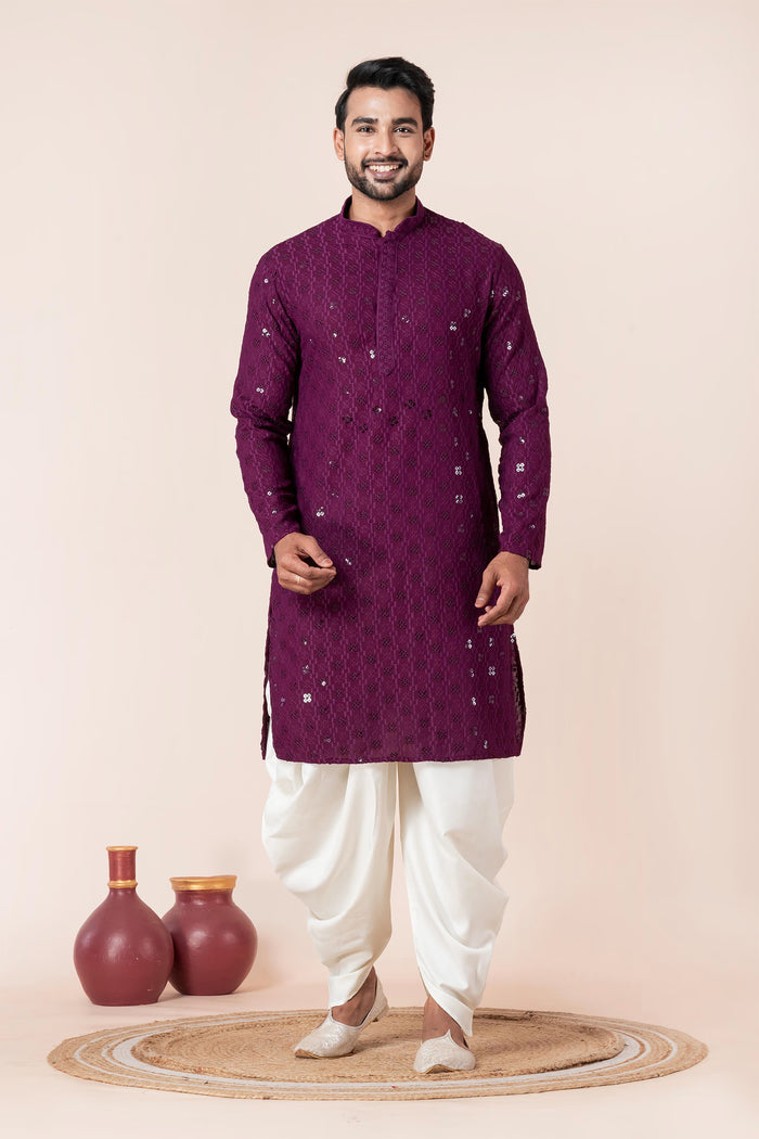Dark Purple Cotton Silk Embroidered Dhoti Set