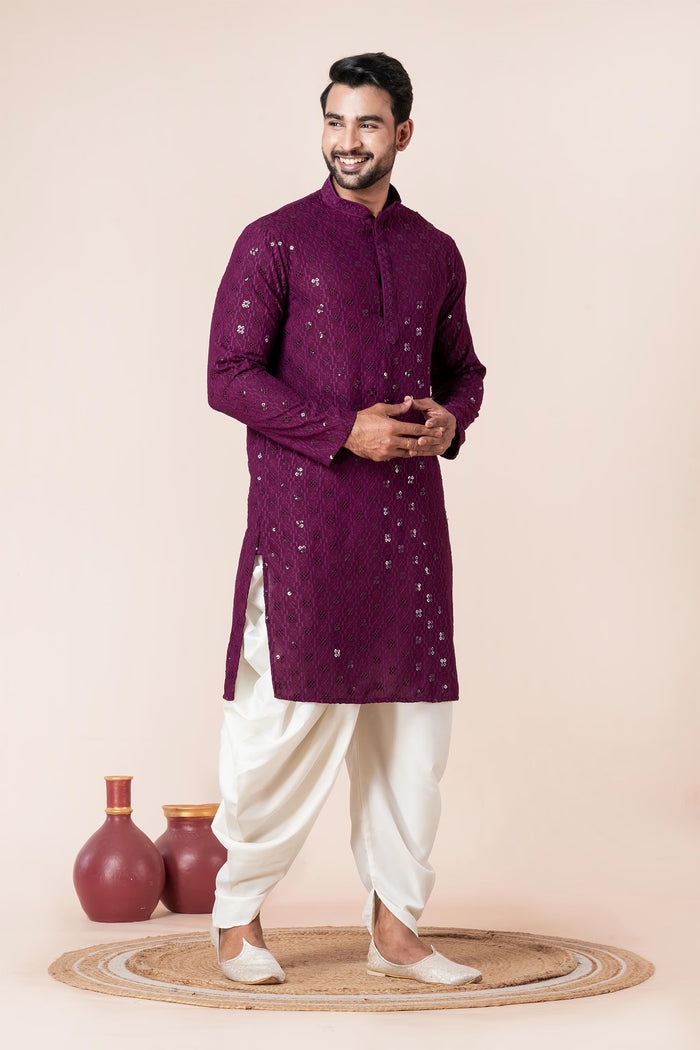 Dark Purple Cotton Silk Embroidered Dhoti Set