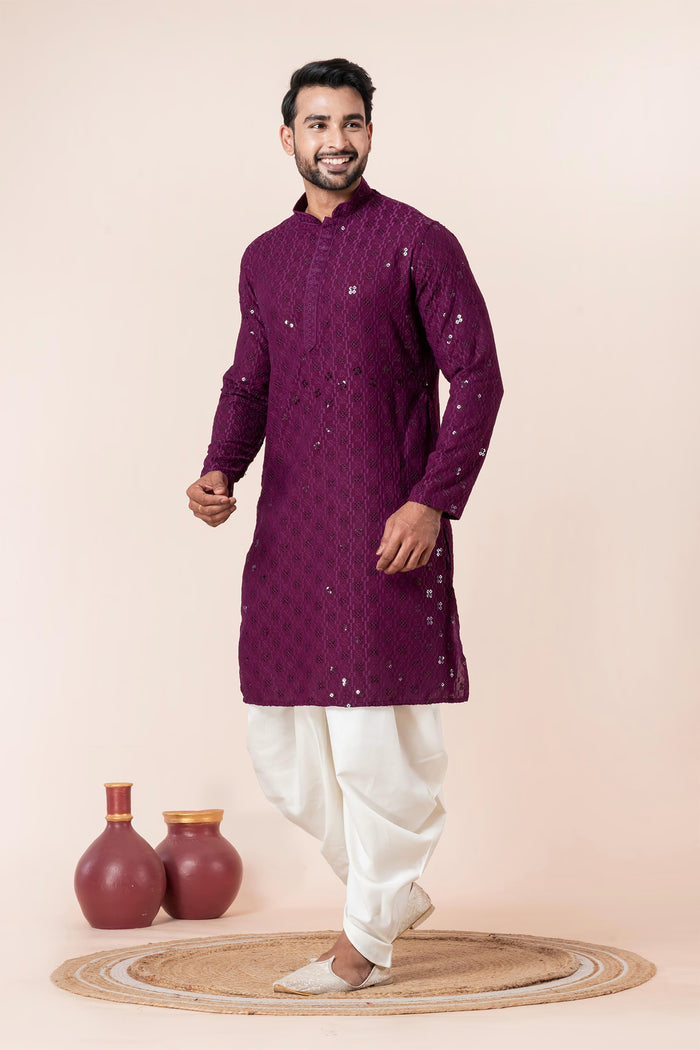 Dark Purple Cotton Silk Embroidered Dhoti Set
