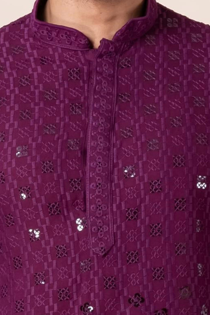 Dark Purple Cotton Silk Embroidered Dhoti Set