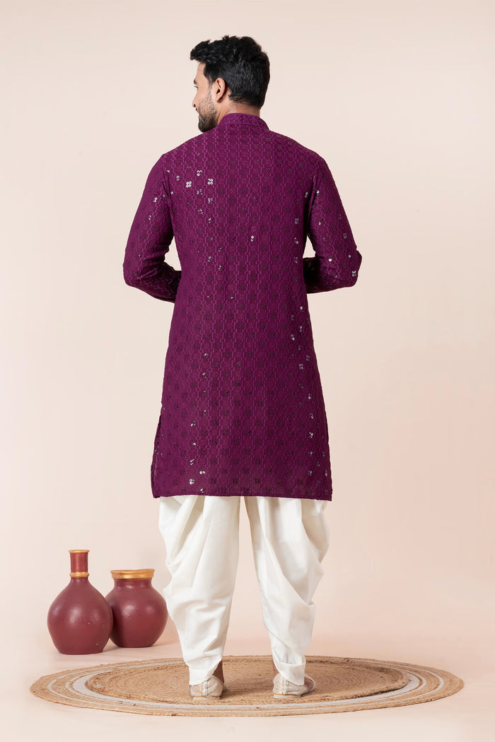 Dark Purple Cotton Silk Embroidered Dhoti Set