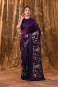 Dark Purple Embroidered Satin Silk Saree