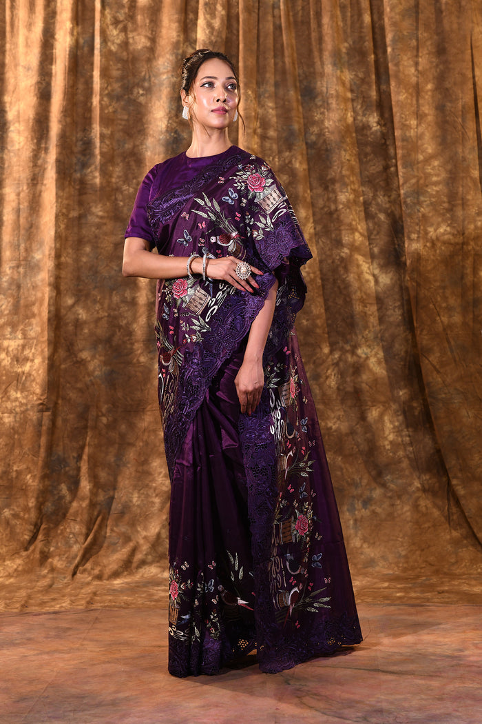 Dark Purple Embroidered Satin Silk Saree
