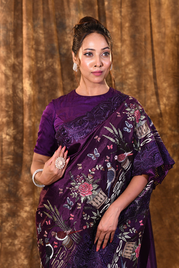 Dark Purple Embroidered Satin Silk Saree