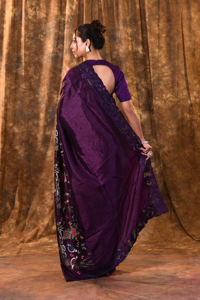Dark Purple Embroidered Satin Silk Saree