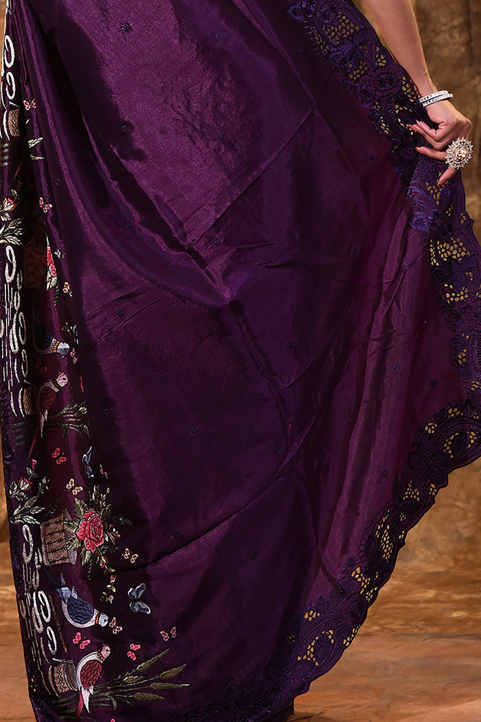 Dark Purple Embroidered Satin Silk Saree