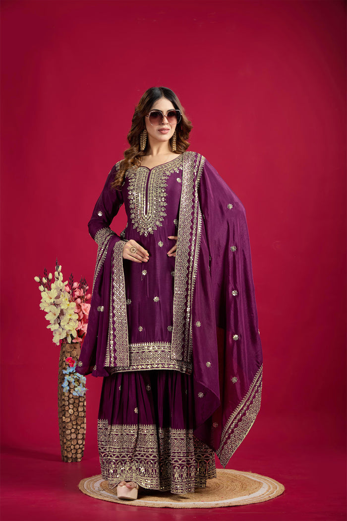Dark Purple Embroidered Silk Floral Sharara Set
