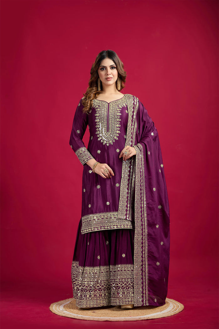 Dark Purple Embroidered Silk Floral Sharara Set