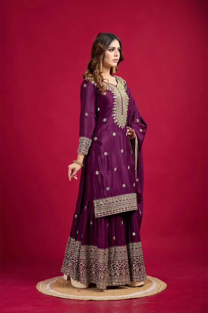 Dark Purple Embroidered Silk Floral Sharara Set