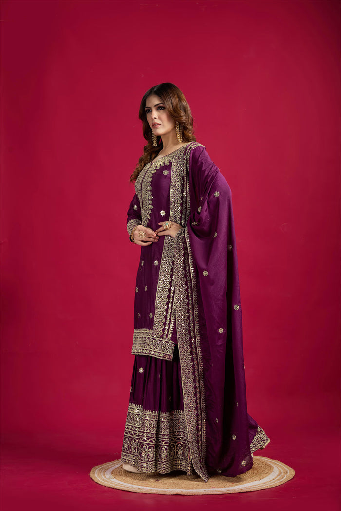 Dark Purple Embroidered Silk Floral Sharara Set