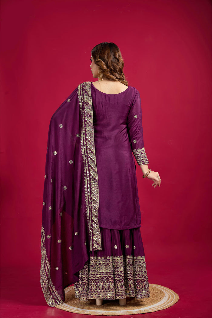 Dark Purple Embroidered Silk Floral Sharara Set