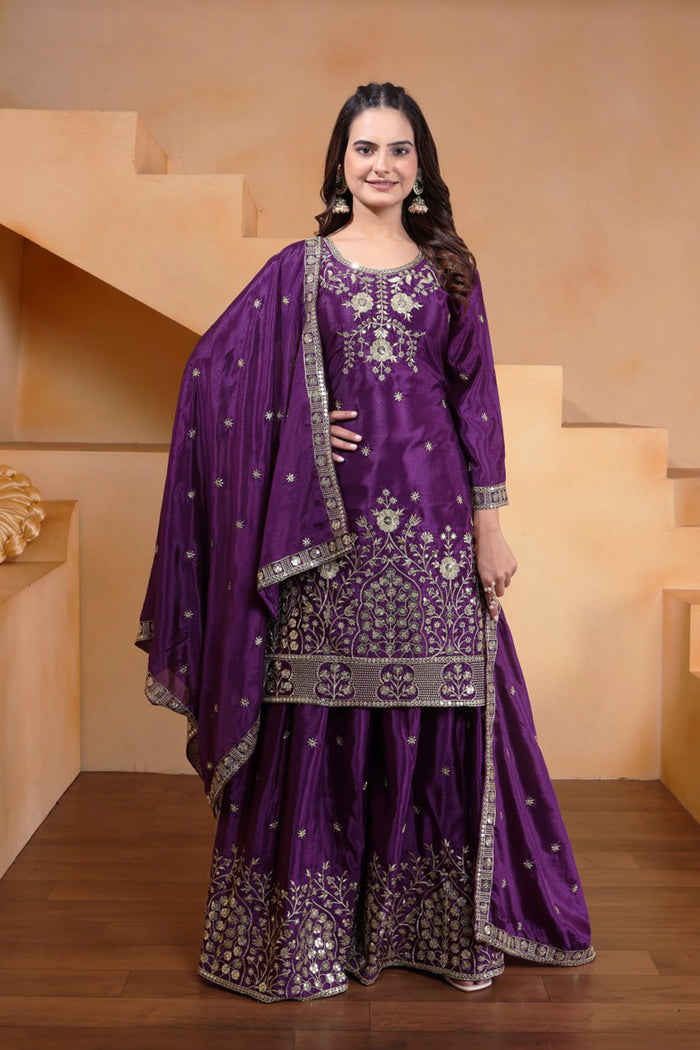 Dark Purple Embroidered Silk Sharara Set