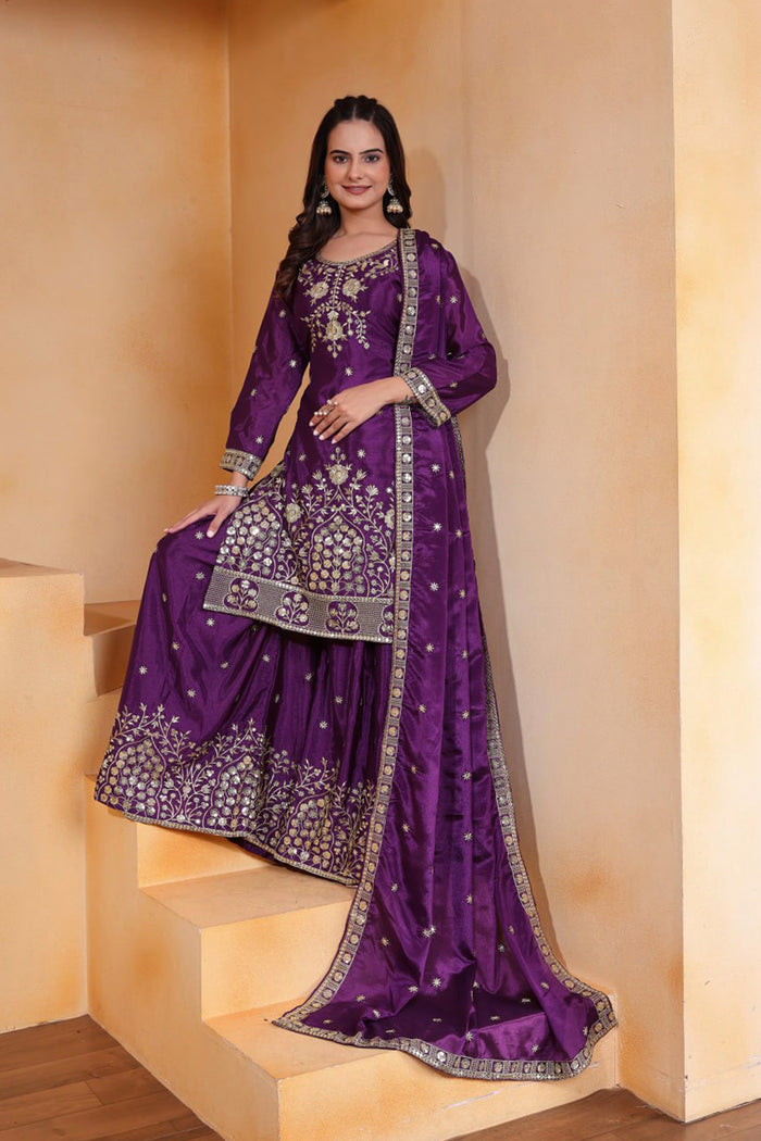 Dark Purple Embroidered Silk Sharara Set