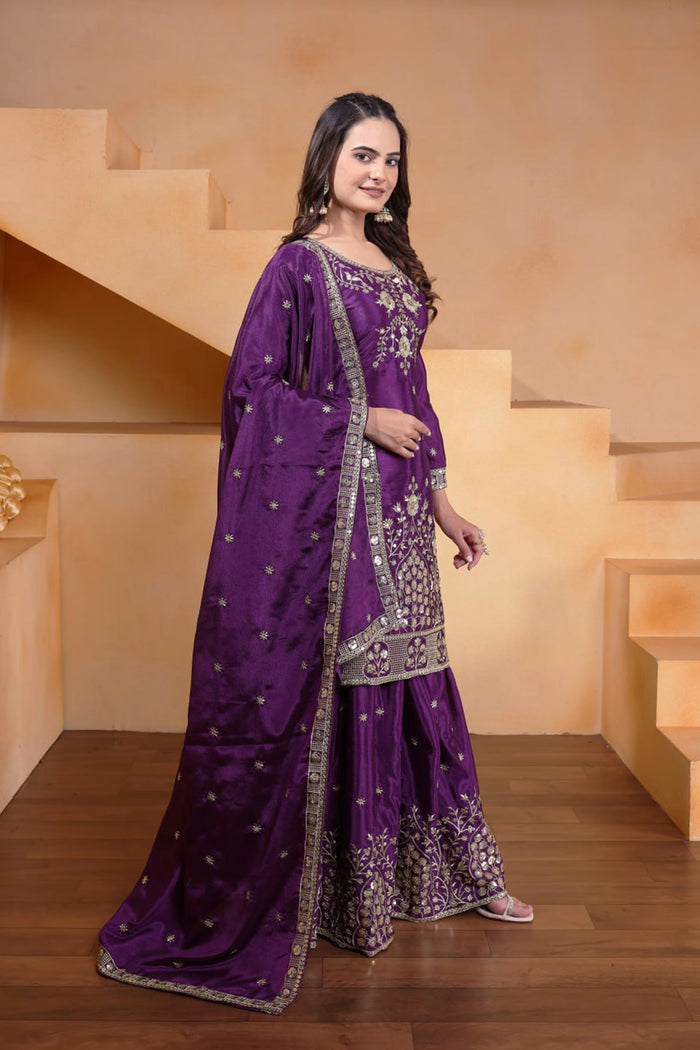 Dark Purple Embroidered Silk Sharara Set
