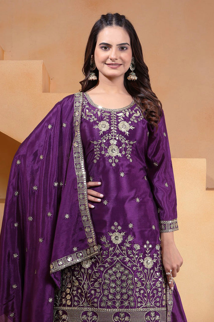 Dark Purple Embroidered Silk Sharara Set
