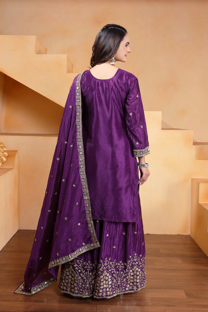 Dark Purple Embroidered Silk Sharara Set