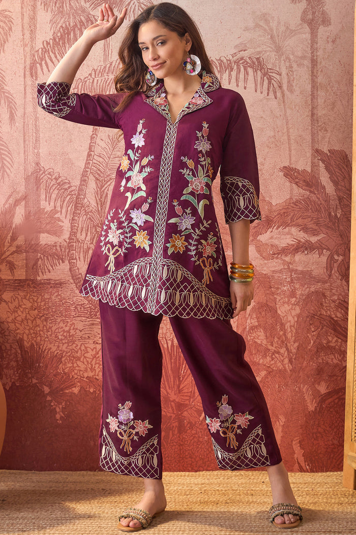 Dark Purple Floral Embroidered Polyester Co-Ord Set