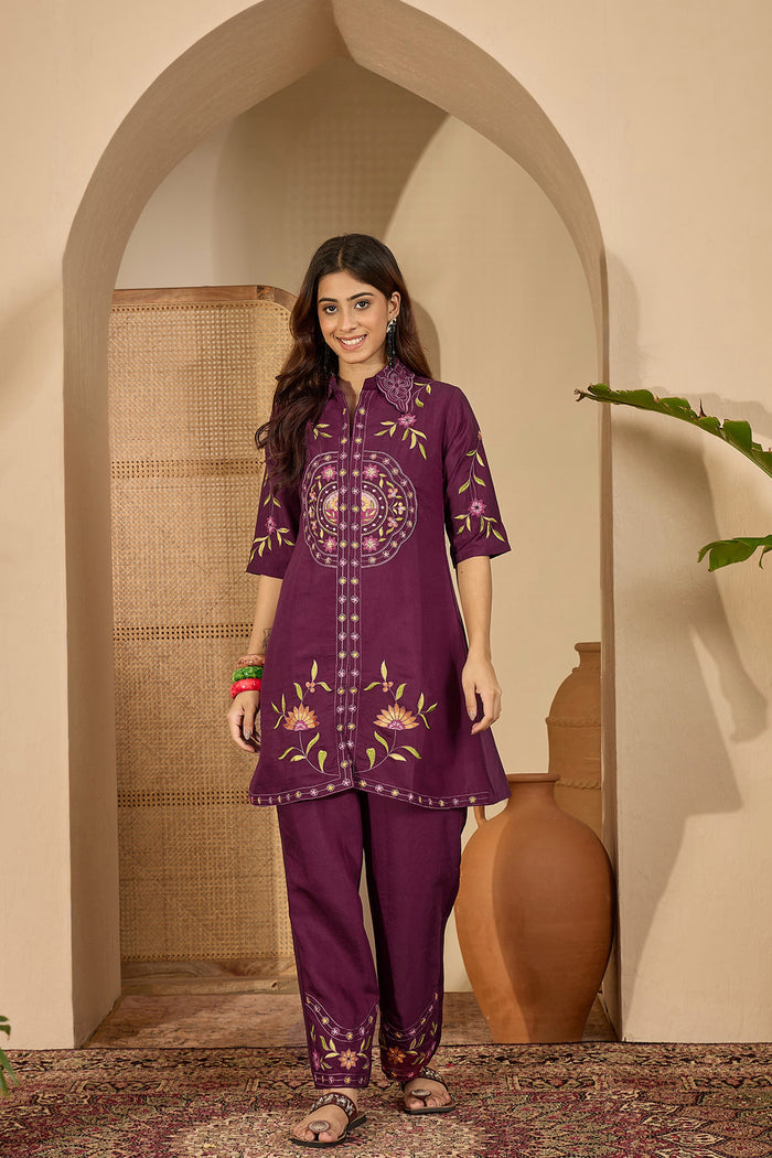 Dark Purple Floral Embroidered Polyester Co-Ord Set
