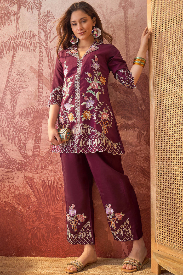Dark Purple Floral Embroidered Polyester Co-Ord Set