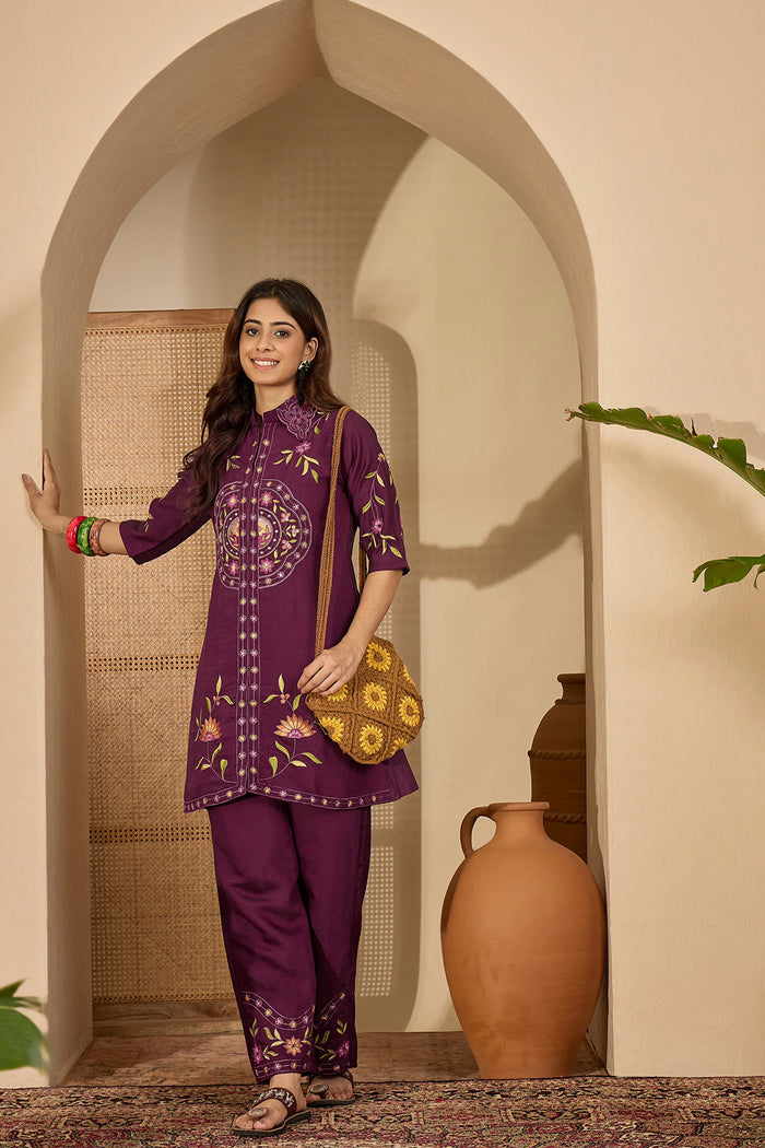 Dark Purple Floral Embroidered Polyester Co-Ord Set