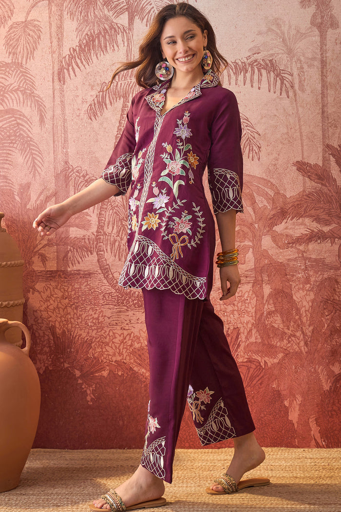 Dark Purple Floral Embroidered Polyester Co-Ord Set