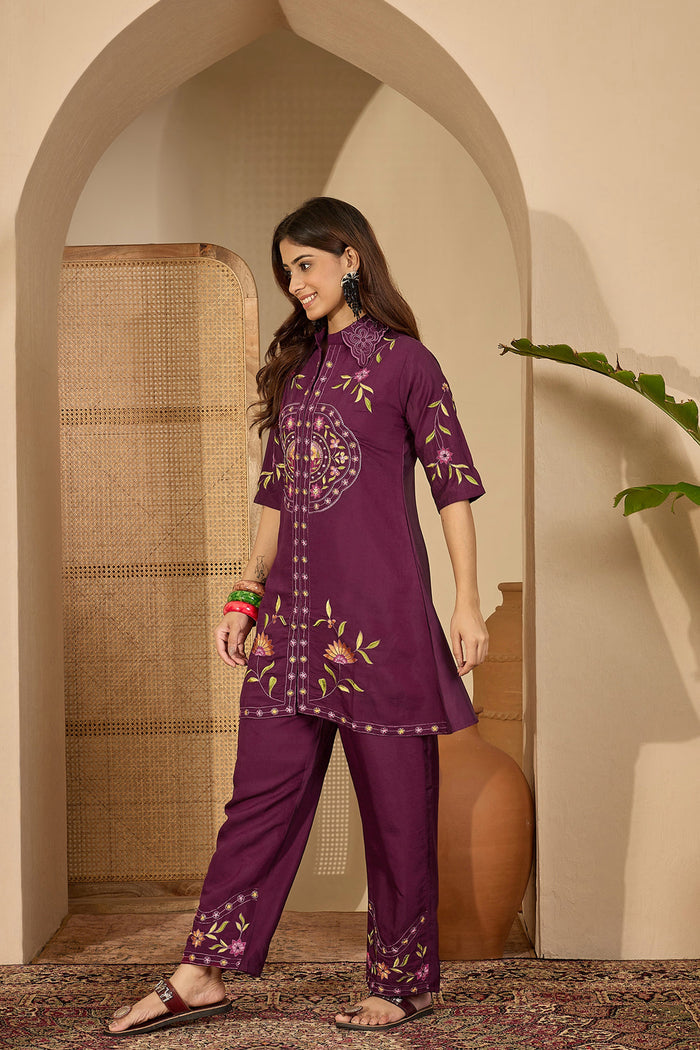 Dark Purple Floral Embroidered Polyester Co-Ord Set