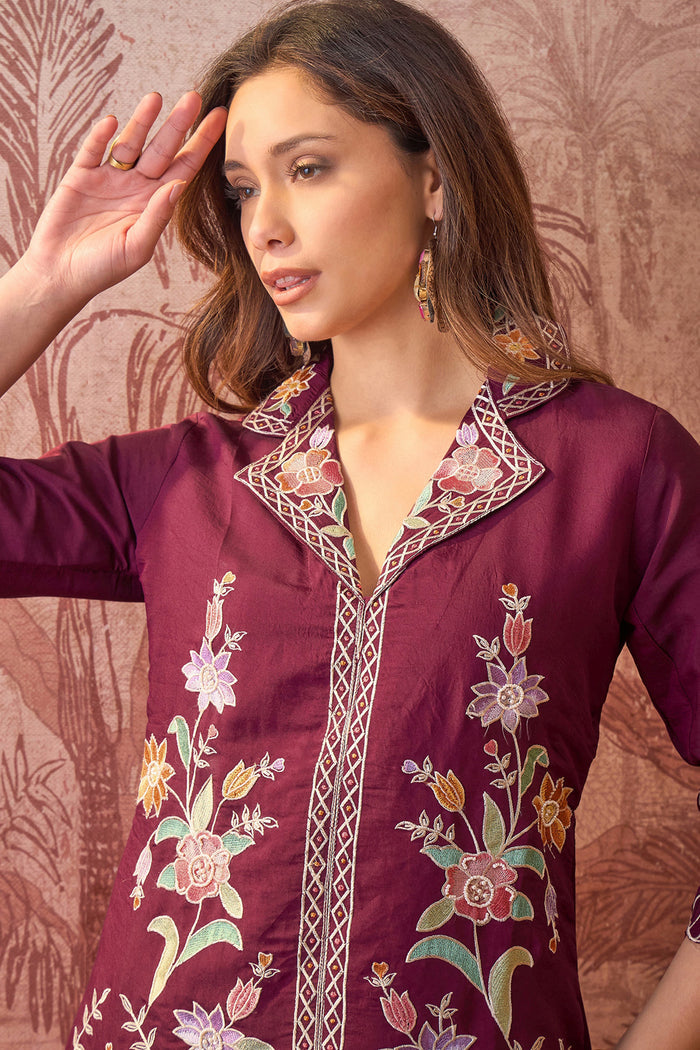 Dark Purple Floral Embroidered Polyester Co-Ord Set