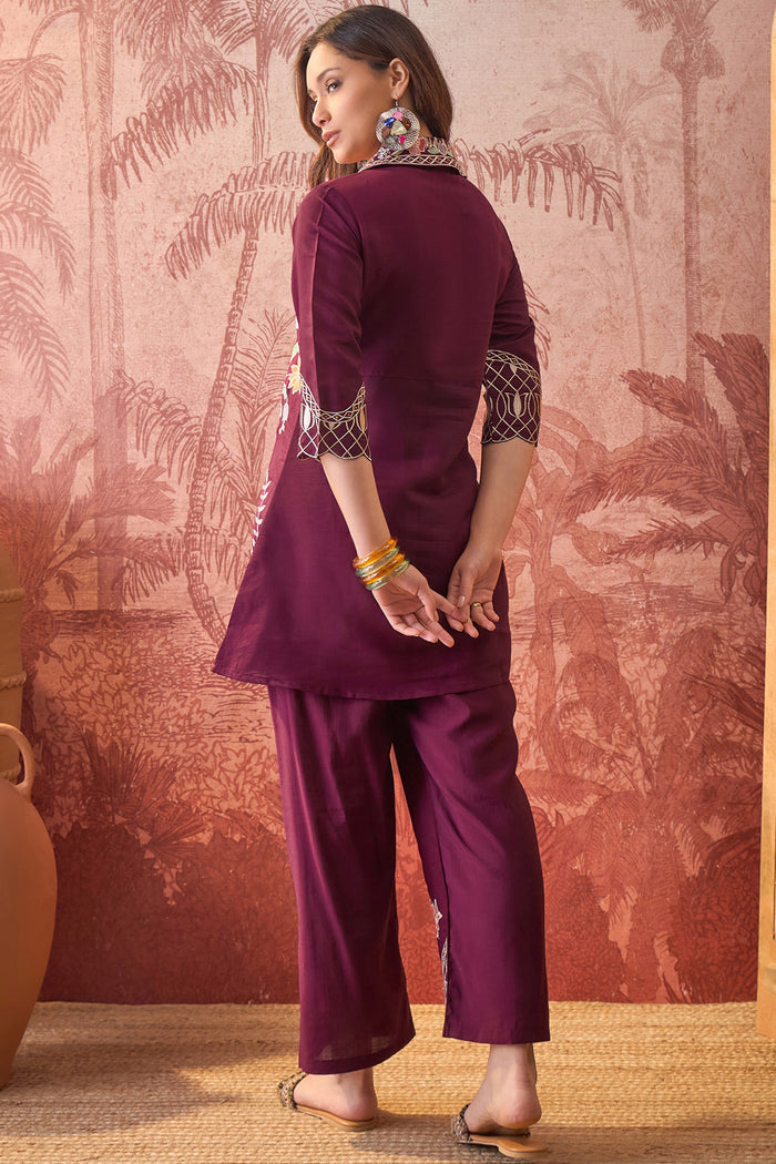 Dark Purple Floral Embroidered Polyester Co-Ord Set