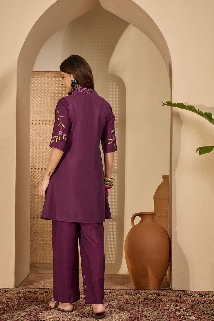 Dark Purple Floral Embroidered Polyester Co-Ord Set