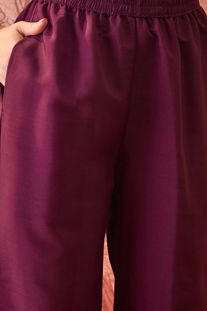 Dark Purple Floral Embroidered Polyester Co-Ord Set