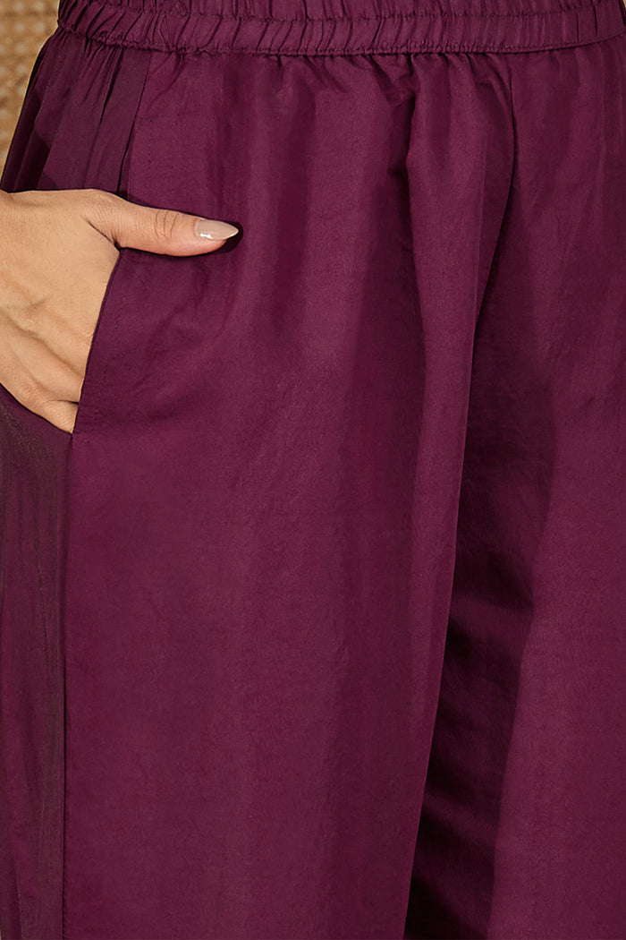 Dark Purple Floral Embroidered Polyester Co-Ord Set