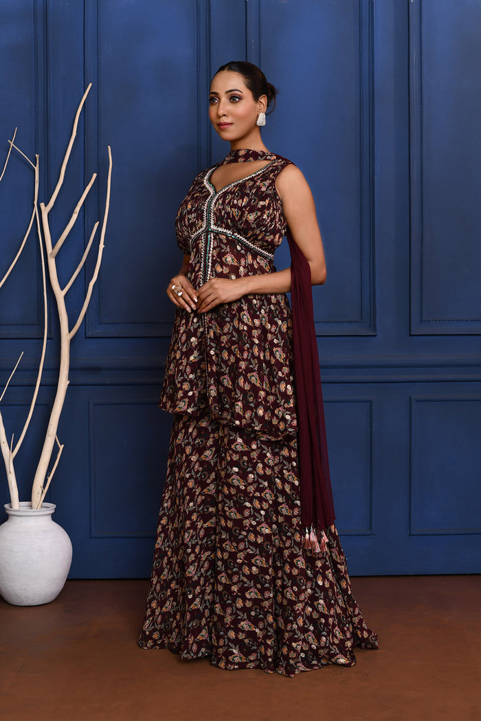 Dark Purple Floral Georgette Peplum Set