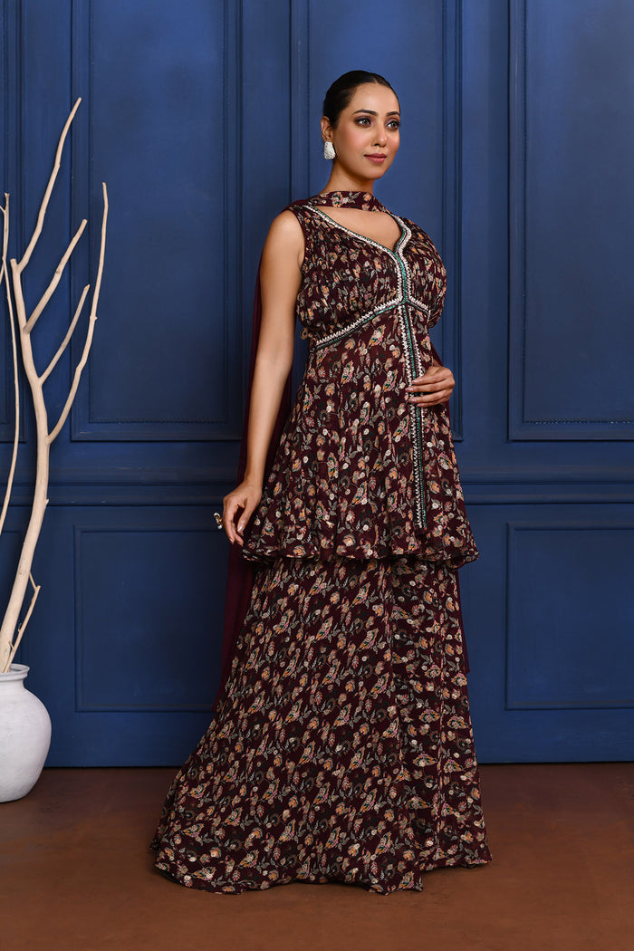 Dark Purple Floral Georgette Peplum Set