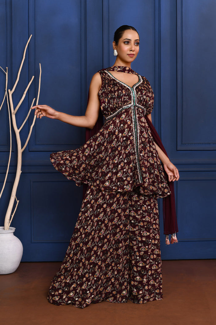 Dark Purple Floral Georgette Peplum Set