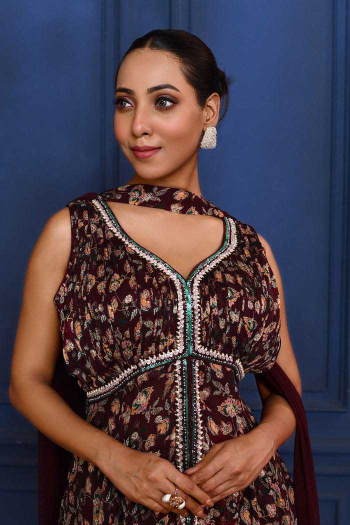 Dark Purple Floral Georgette Peplum Set