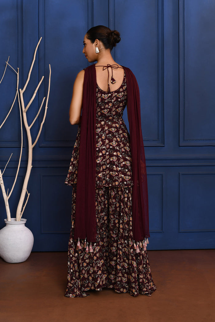 Dark Purple Floral Georgette Peplum Set