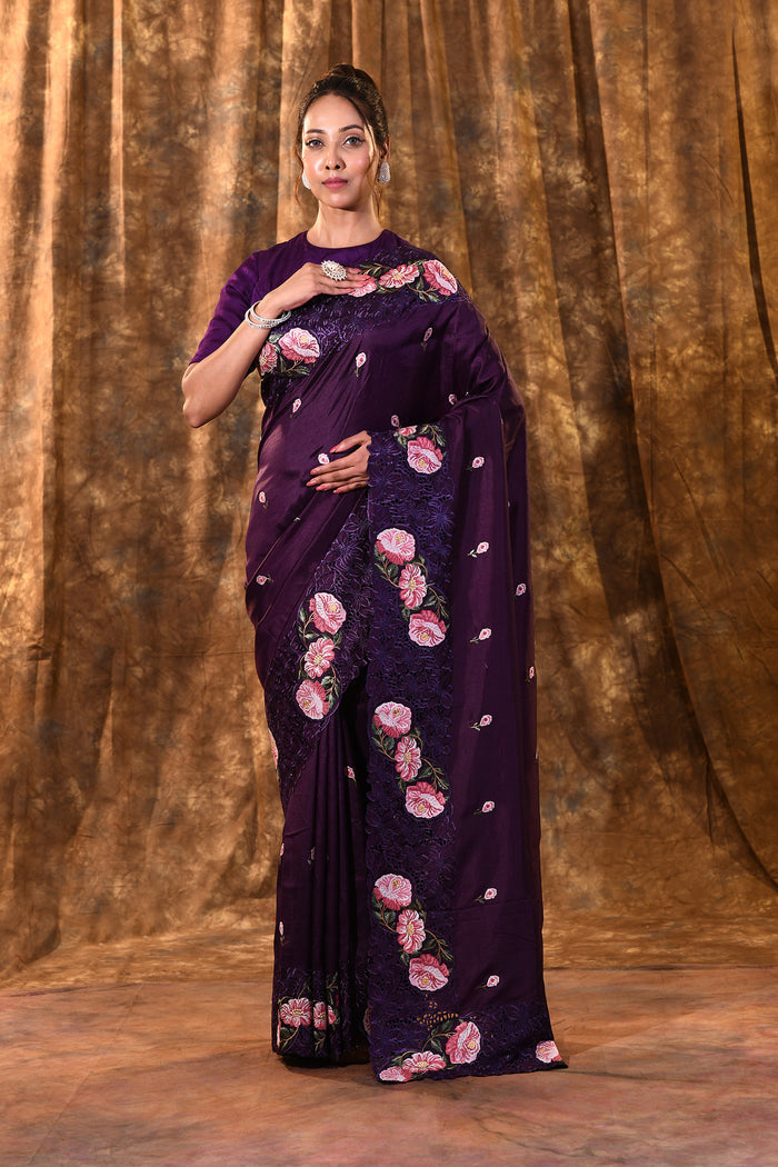 Dark Purple Floral Silk Saree
