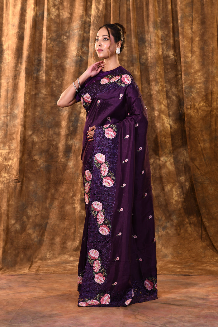 Dark Purple Floral Silk Saree