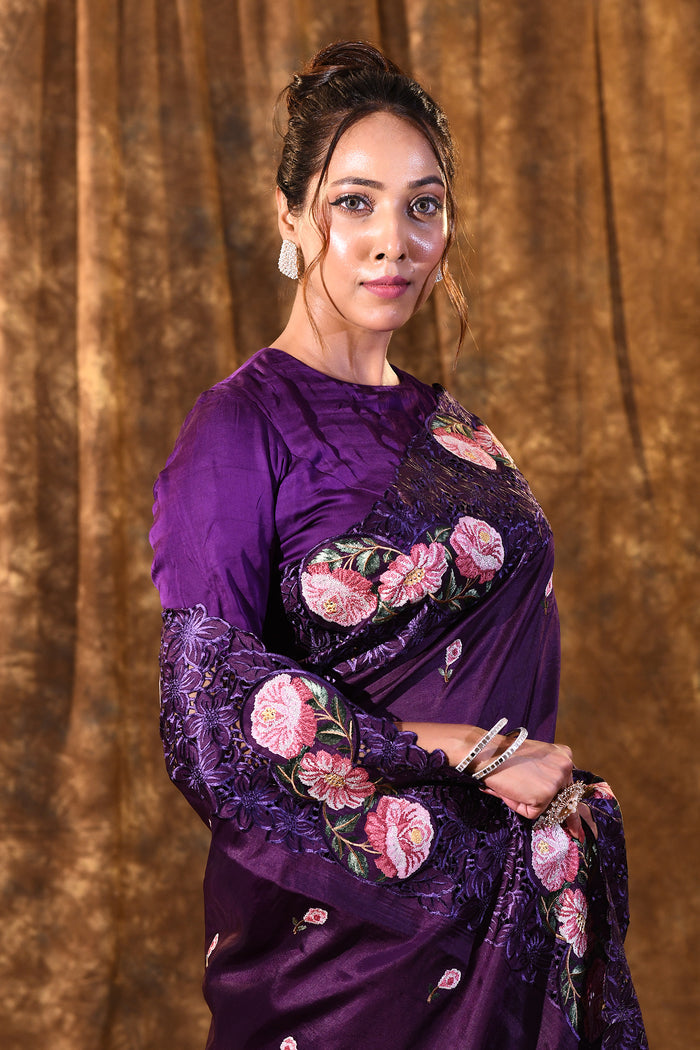 Dark Purple Floral Silk Saree