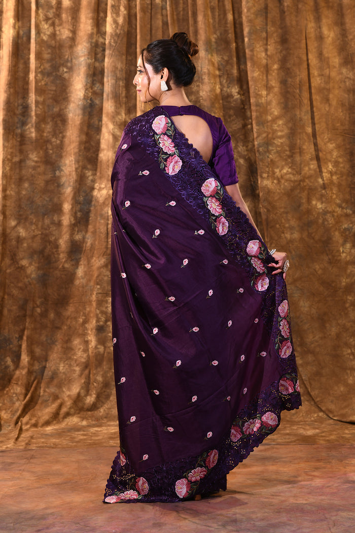 Dark Purple Floral Silk Saree