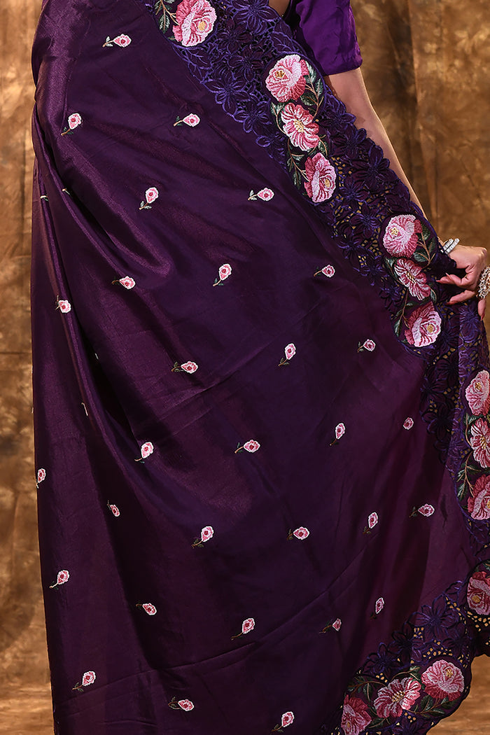 Dark Purple Floral Silk Saree