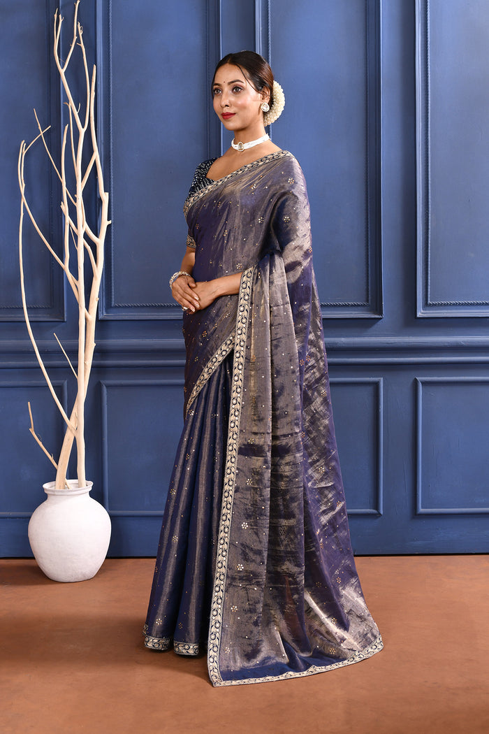 Dark Purple Foil Printed Tissue Saree