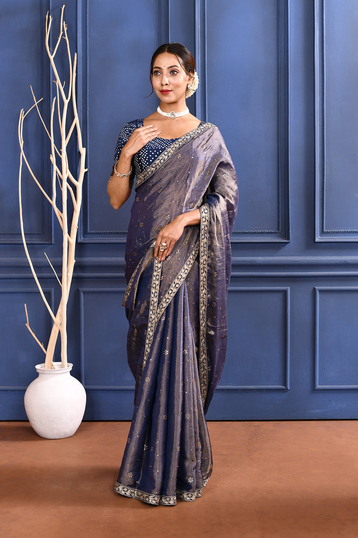 Dark Purple Foil Printed Tissue Saree