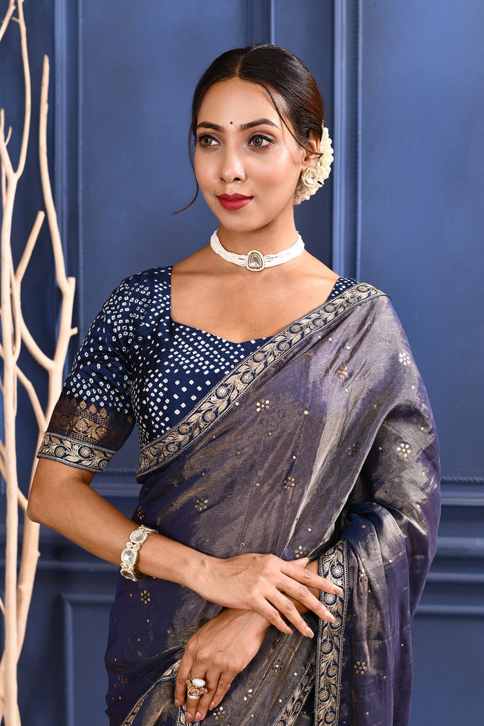 Dark Purple Foil Printed Tissue Saree