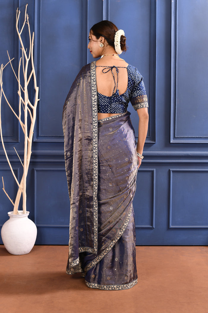 Dark Purple Foil Printed Tissue Saree