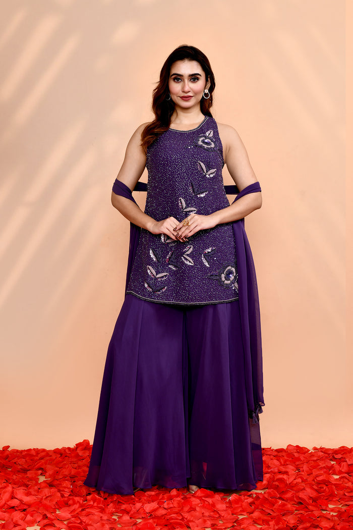Dark Purple Georgette Embroidered Sharara Set