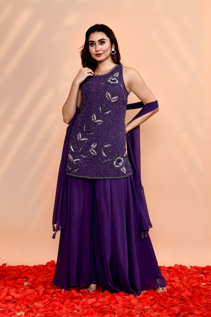 Dark Purple Georgette Embroidered Sharara Set