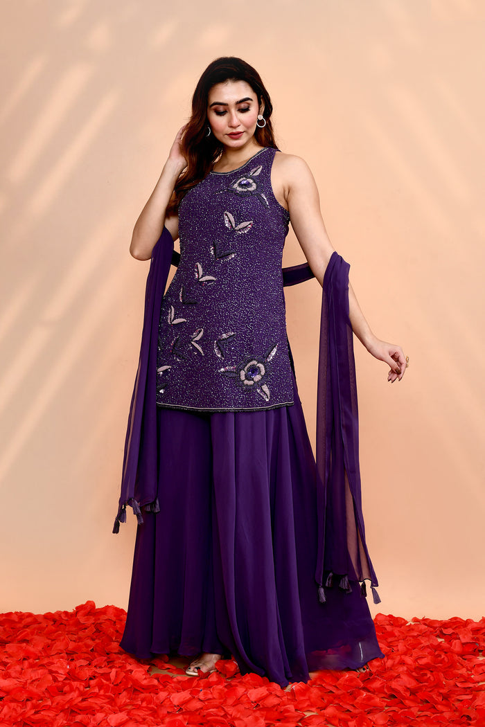 Dark Purple Georgette Embroidered Sharara Set