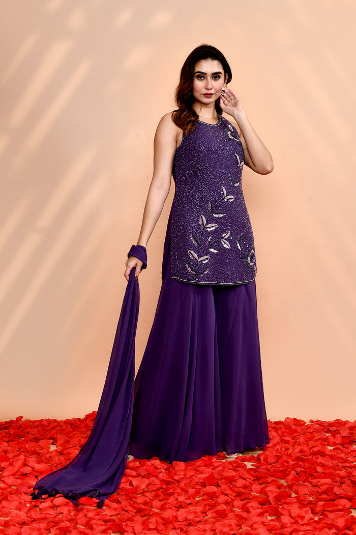 Dark Purple Georgette Embroidered Sharara Set