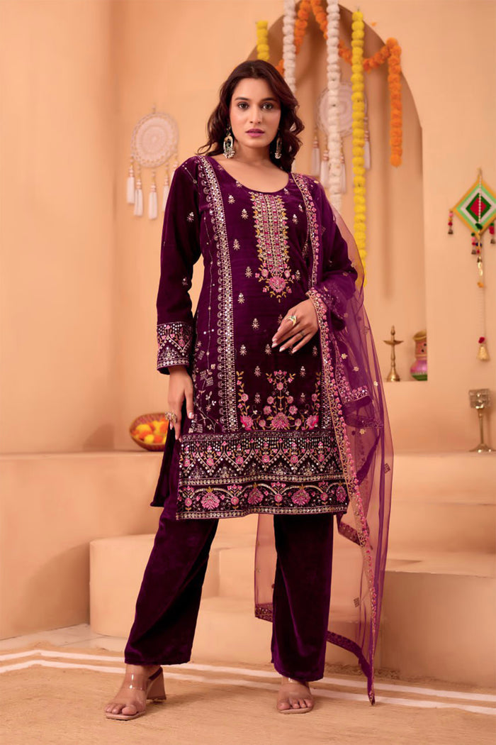 Dark Purple Velvet Floral Embroidered Kurta Set